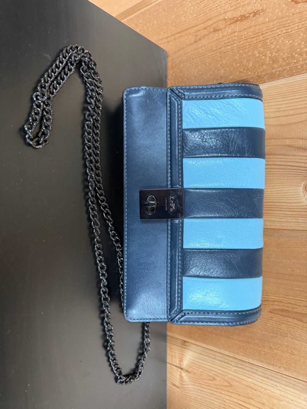 Blue and Navy Stripe Leather Crossbody Bag
